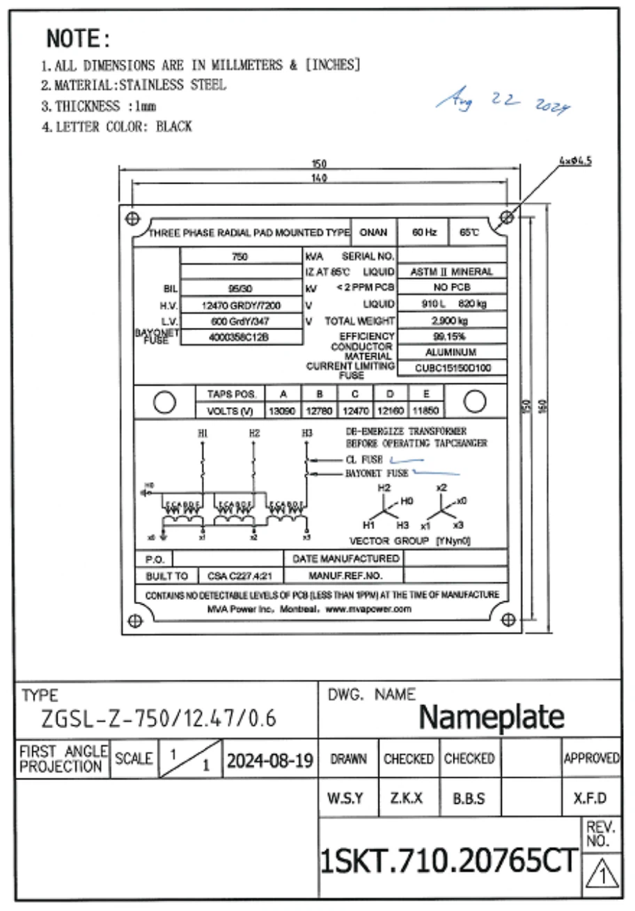 750 kVA three phase pad-mounted transformer nameplate 750 kVA three phase pad-mounted transformer nameplate